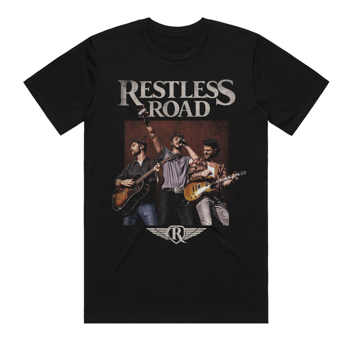 Bar friends photo black tour tee front Restless Road